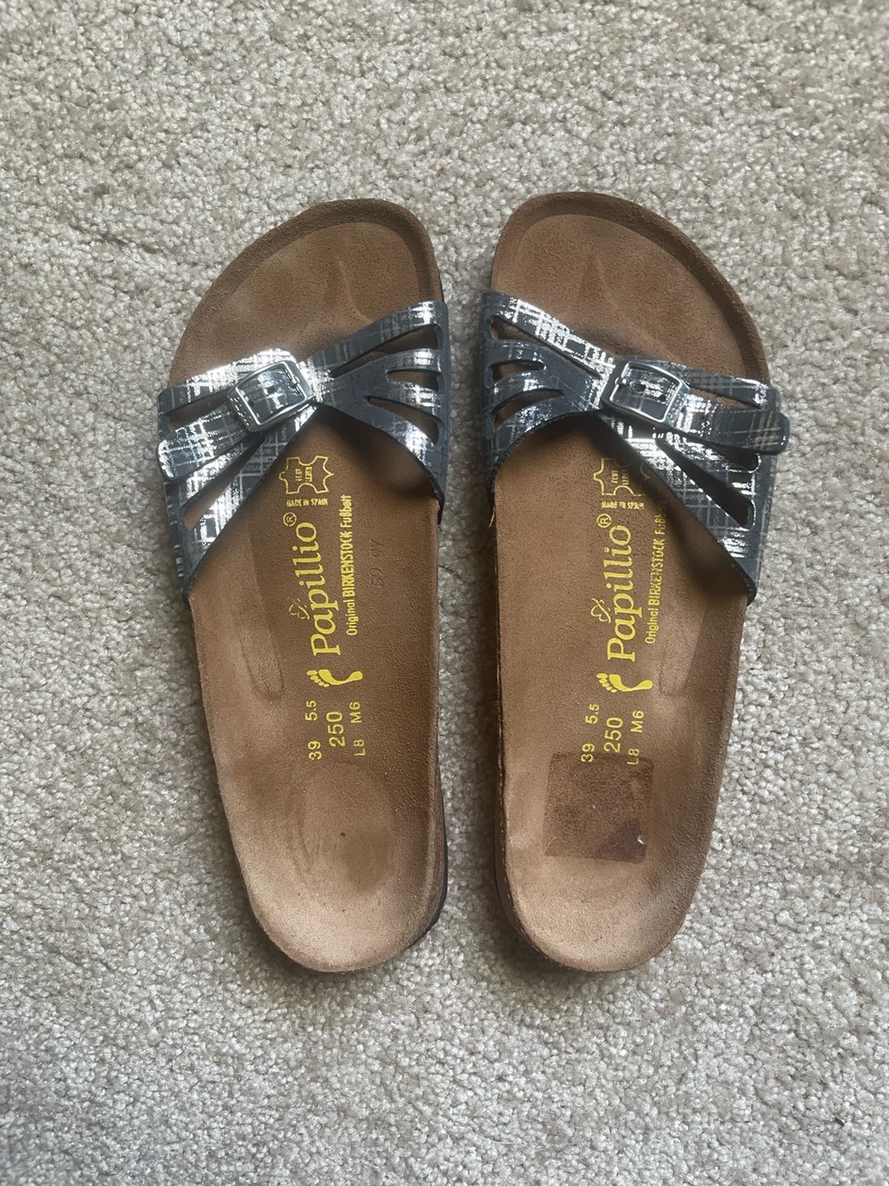Papillio by Birkenstock Fulbert Metallic Plaid Slides Sz 39 EUC